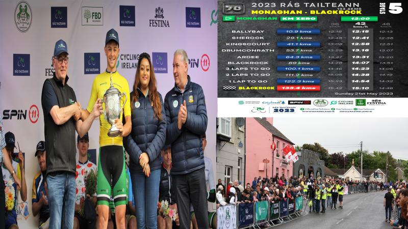 The final stage (5) of the 2023 “Ras Tailteann” Monaghan-Blackrock!! Dillon Corkery and his Team Ireland turns things around, taking the yellow jersey on the last stage, and Finn Crocket (Guest rider Foyle CC) taking the stage win!! The ex-pro won also the Ras Mumhan at Easter! The 133.40km took the winner 2h48m06s with an average of 47.61km an hour!! The overall average for the 769.60km was 46.54 km/hour!!!