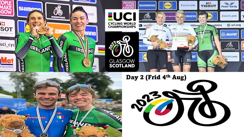 Day 2 of the 2023 World Champs in Scotland resulted in more medals for Team Ireland and some solid results of our other green warriors!! Well done to Katie-George Dunlevy, and Eve Mc Crystal at the track with bronze, Julie Rea (Master Women 55-69) bronze, and Marine Lenehan silver (Women’s 19-34) in the Gran Fondo road races…more results of the Irish here below too!! (Friday 4th Aug)