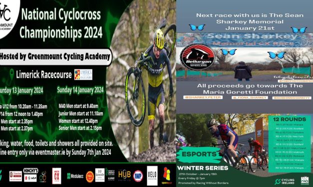 We coming to the end of the CX season, so what is left? National Champs at the Limerick Racecourse near the village of Patrickswell this weekend (Sat 13-Sun 14 Jan) and “The Sean Sharkey Memorial CX” next Sunday 21st January in Jenkinstown Co-Louth (McCrystal Cycling Track) in aid of the “Maria Goretti Foundation” + last 2 rounds of the Esports Winter Series (Friday 12th-19th January)