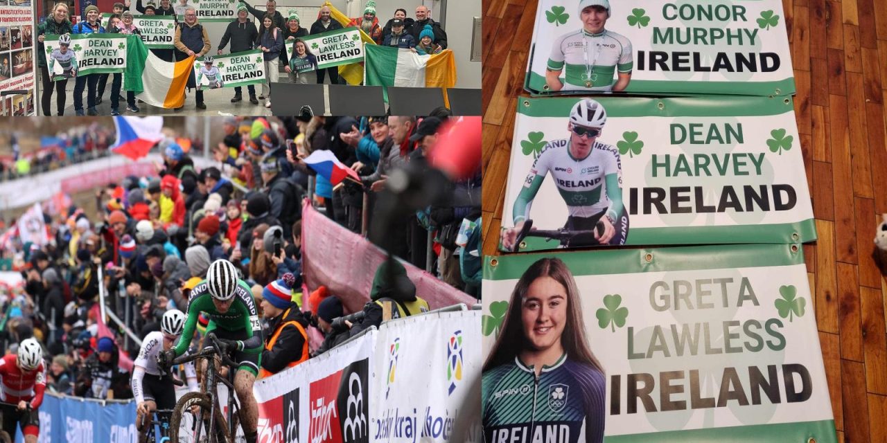 The 3 Irish CX warriors with Greta Lawless (Junior Girl), Conor Murphy (Junior Men) and Dean Harvey (Espoir) done their superbest, as they have to climb a hell of a mountain from the back of the grid, not to mention bad luck at the 2024 UCI CX World Champs in Tábor (Czech Republic) It their was medals for the support they received, the traveling support gang would deserve GOLD!!