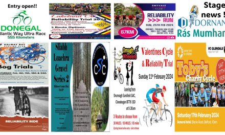 What’s on in the next few weeks? (Sun 11th-Sun 25th Feb) The website has a break due to a bushman’s holiday in the Netherlands & Belgium (sorting out summer scheme) this from Thur 8th till Friday 16th Feb. Back for Toby’s Charity Cycle in Belfast on Saturday 17th Feb!! Also news of entry details of the Donegal 222km&333km&555km in August, and stage news of the Dornan Ras Mumhan at Easter!!
