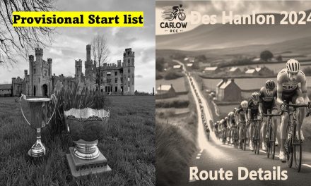 Routes and provisional start list of 4 races on offer at the Des Hanlon tomorrow (Sunday 24th March) hosted by Carlow RCC…Very healthy numbers in all races!! Have a successful and safe race!!