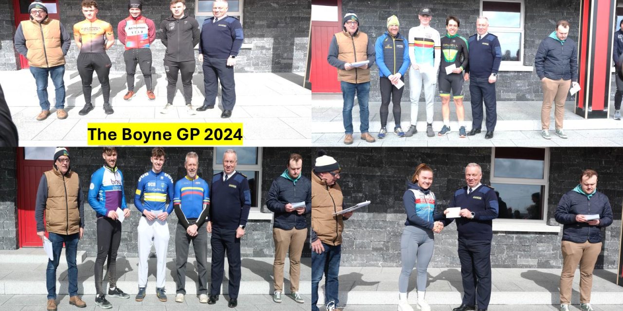 The 2024 Boyne GP hosted by Drogheda Wheelers had a *Daire Feeling* about it, as Daire Feeley-All Human/VeloRevolution took his 4th win of the season!! A sweet victory of junior Toby Sweetman-VC Glendale in the A3 race, with Aoife O’Brien-Belco Van Eyck(BEL) getting the 1st women’s prize. The A4 race was won by Hugh Butler-UCD (Sat 23rd March)