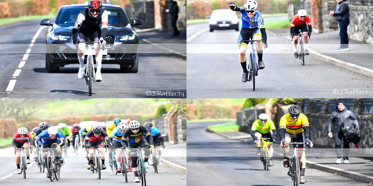 The “Carn Classic” hosted by Carn Wheelers in Maghera (South Derry) yesterday (Sat 6th April) lived up to his name!! A very early start helped avoiding storm Kathleen, but still strong headwinds towards the finish, and welcomed tailwinds to compensate at the back of the course! Run-away A2 winner Curtis Neill (Lyon Sprint Evolution) impressed us all, so did Junior Cameron Henry (Inspired Cycling) in the A3 race! The supporting A4 race was won by Shane Hughes (Apollo CC) in a bunch sprint!