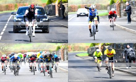 The “Carn Classic” hosted by Carn Wheelers in Maghera (South Derry) yesterday (Sat 6th April) lived up to his name!! A very early start helped avoiding storm Kathleen, but still strong headwinds towards the finish, and welcomed tailwinds to compensate at the back of the course! Run-away A2 winner Curtis Neill (Lyon Sprint Evolution) impressed us all, so did Junior Cameron Henry (Inspired Cycling) in the A3 race! The supporting A4 race was won by Shane Hughes (Apollo CC) in a bunch sprint!