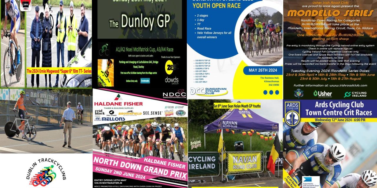 What’s on this coming weeks on roads and track this coming weeks? (23rd May-Mid June) The Ernie Magwood *Super 6* 10miles TT series is back!! The Ras Tailteann starts tomorrow, Para cycling in Horseleap Westmeath on Saturday, The Dunloy GP on Sunday in Antrim, and news from events end May-early June including the Dublin International Track GP (UCI 2 class)