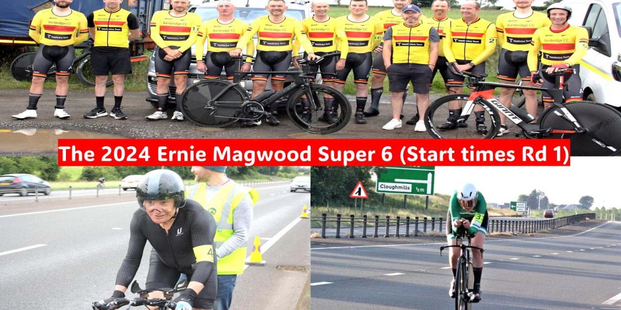 The biggest TT league in the land is back in 2024!! “The Ernie Magwood Super 6” at Frosses (Ballymena-Coleraine Carriage Way) in Co-Antrim, and  hosted by Island Wheelers!! Round 1 got 79 starters for tonight’s (Thursday 23rd May) 10 miles TT at 7pm, on an Irish record holding course!! Here the start times >>>