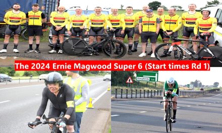 The biggest TT league in the land is back in 2024!! “The Ernie Magwood Super 6” at Frosses (Ballymena-Coleraine Carriage Way) in Co-Antrim, and  hosted by Island Wheelers!! Round 1 got 79 starters for tonight’s (Thursday 23rd May) 10 miles TT at 7pm, on an Irish record holding course!! Here the start times >>>