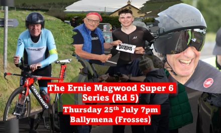 Round 5 of the “2024 Ernie Magwood Super 6 TT Series” start list and times of tonight’s 10 Mile TT at Frosses* Ballymena (Antrim) hosted by Island Wheelers. Will Junior Conor Murphy (Caldwell Cycles) break his Irish junior record again? (Thursday 25th July 7pm)