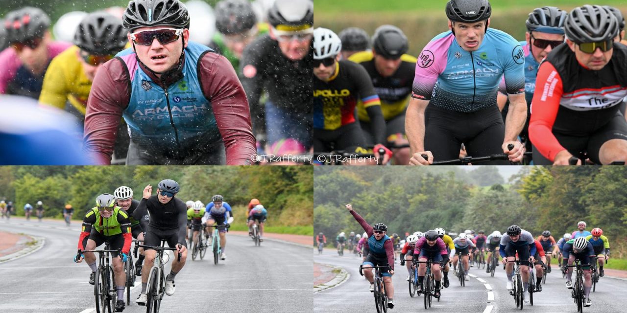 The 2024 “Armagh City Cyclist Races” this Sunday 25th August at the Navan Centre Armagh. A terrible morning weather wise, and both races ended up in a bunch sprint. They looked like Cyclo-crossers at the end!! Well done to Niall Daly (Armagh City Cyclist) in the A3 race, and Hugh Bonner (Four Masters) in the A4 race!!