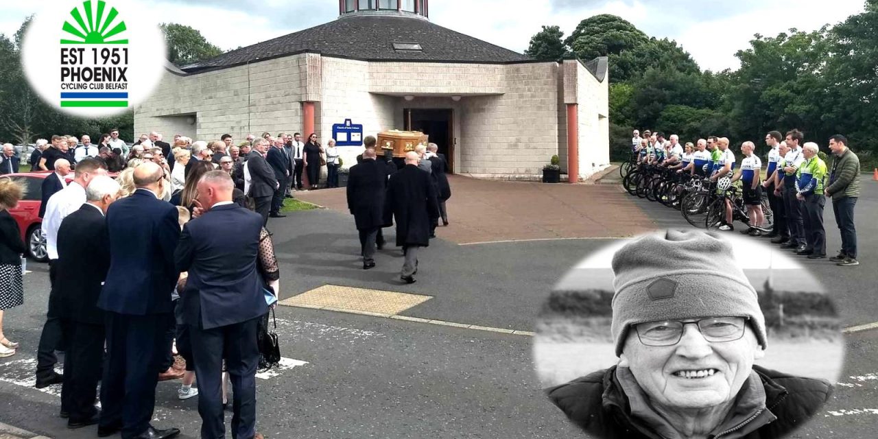 Farewell Eamon, it was a privilege to have know you, and say hello to all the cycling hero’s who passed away before you…Phoenix CC said goodbye to one of their founder members Eamon Burns today in Lambeg (near Lisburn-Antrim) His deep love for our sport was inspiring, and certainly we will miss him at the local races…Rest In Peace dear friend…(Frid 2nd Aug)