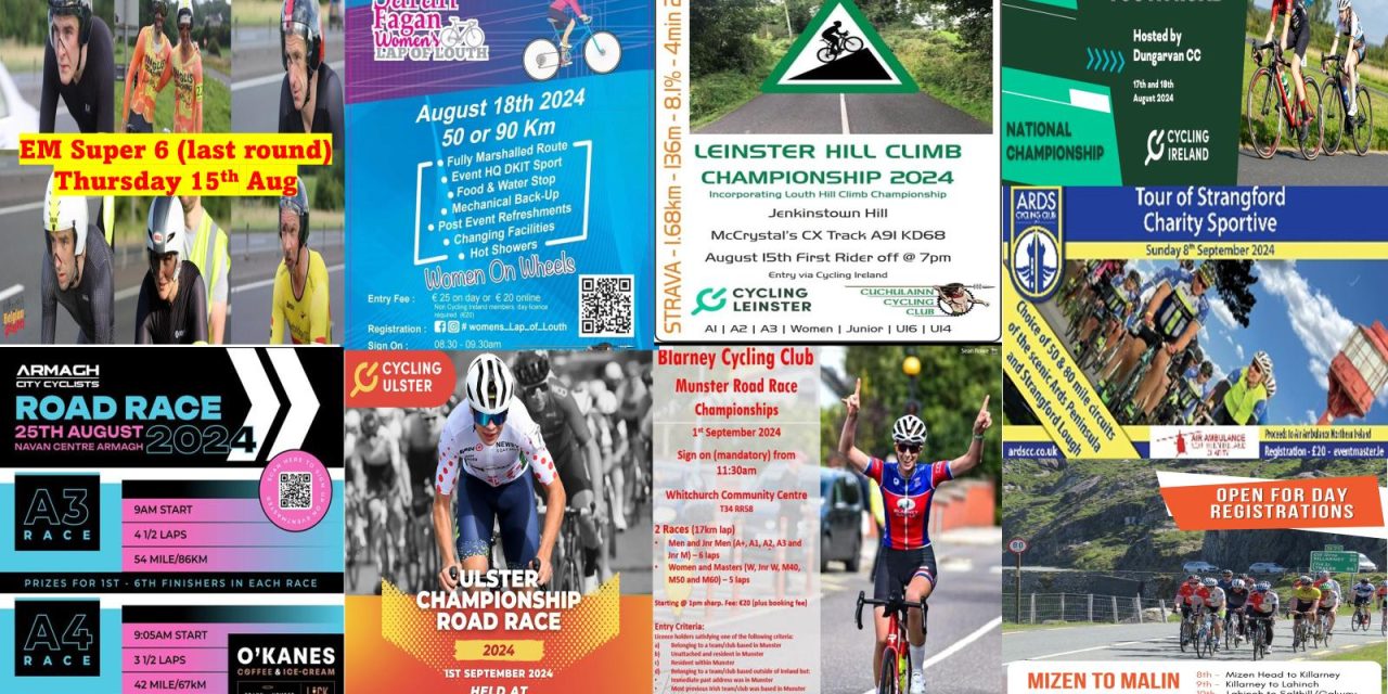 What’s on in the coming weeks? (Thursday 15th August- Sat 21st September) Provincial Champs, National Youth Champs, TT in Antrim, some charity sportive’s, Hillclimb in Down, and RR action in Armagh!! If you don’t find your open event here on this weekly previews…sent your details at least 1 week prior to your event to dany@belgianproject.cc (no club races please) It could boost your  numbers and no cost to you!!