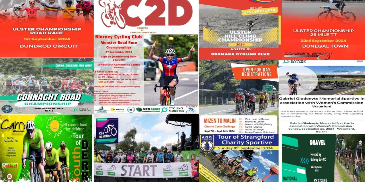 What’s on in September on our roads? (Sun 1st Sept-Sun 22nd Sept) The road season is nearly finished, some provincial champs this Sunday, Ras Na mBan next week, and some charity sportives…CX is now on the horizon, which from next week we will concentrate on, it never stops for us, and greatly so!!