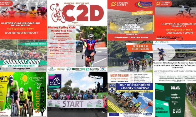 What’s on in September on our roads? (Sun 1st Sept-Sun 22nd Sept) The road season is nearly finished, some provincial champs this Sunday, Ras Na mBan next week, and some charity sportives…CX is now on the horizon, which from next week we will concentrate on, it never stops for us, and greatly so!!