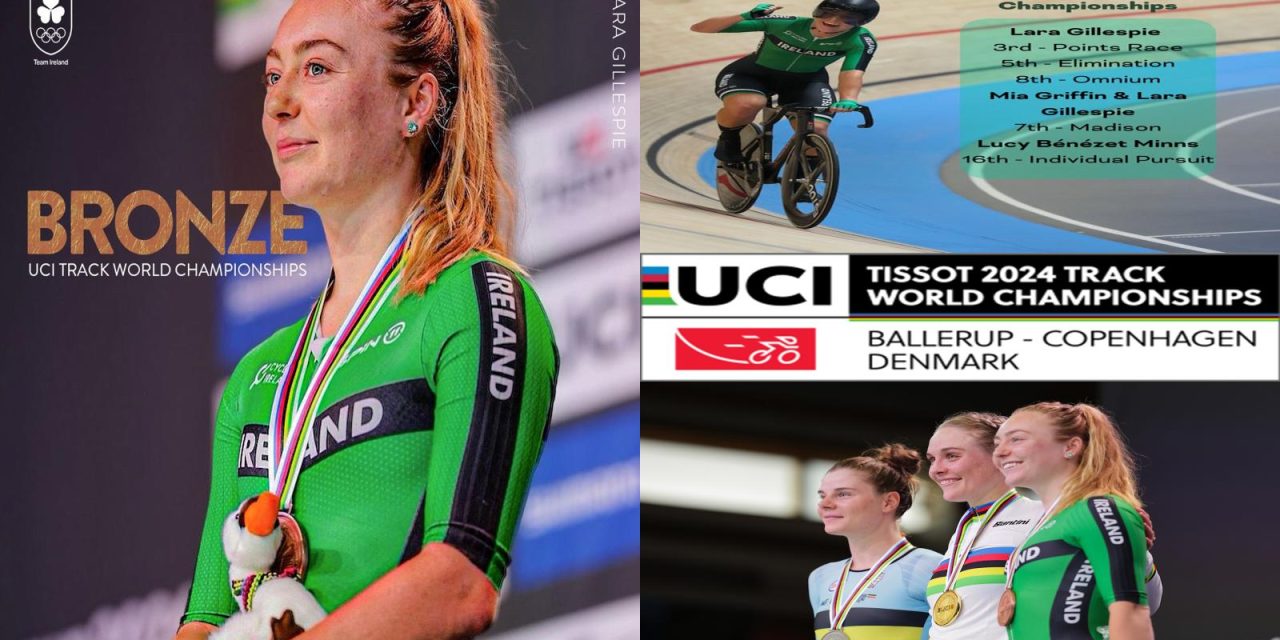 The 2024 “TISSOT UCI TRACK WORLD CHAMPIONSHIPS” in Denmark last week, witnessed a bold move of Lara Gillespie in the final laps of the Point race to crosses the line first, and taking BRONZE!!! Mini Team Ireland (Lucy Bénézet Minns, Mia Griffin, and Lara Gillespie) recorded some very decent results last week, and a medal as cherry on the cake!!!