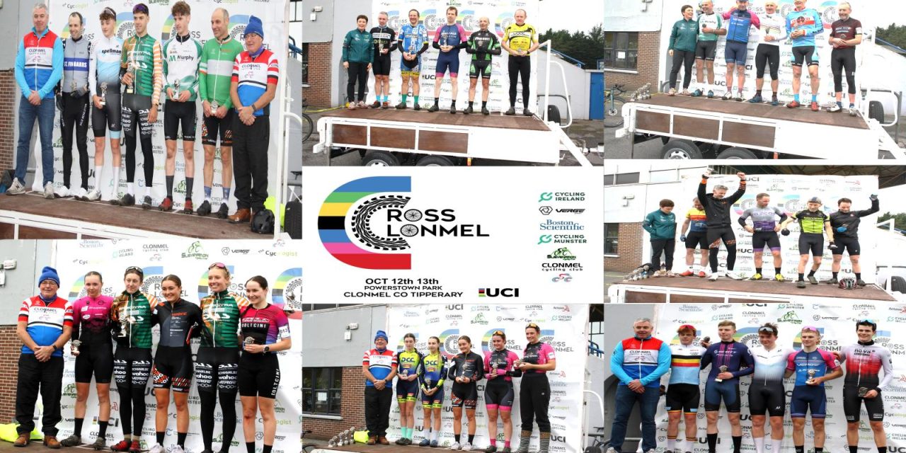 The UCI-C2 2024 “Verge Cross Clonmel” M50-M60, and M40 support races,  the UCI Junior Men Race, The combined Elite Women & Junior Women Race, and the Elite Men & U23 final race of Sunday 13th October in Tipperary. A in depth report, and results courtesy of Martin Grimley, + podium photos of this great race in Clonmel!