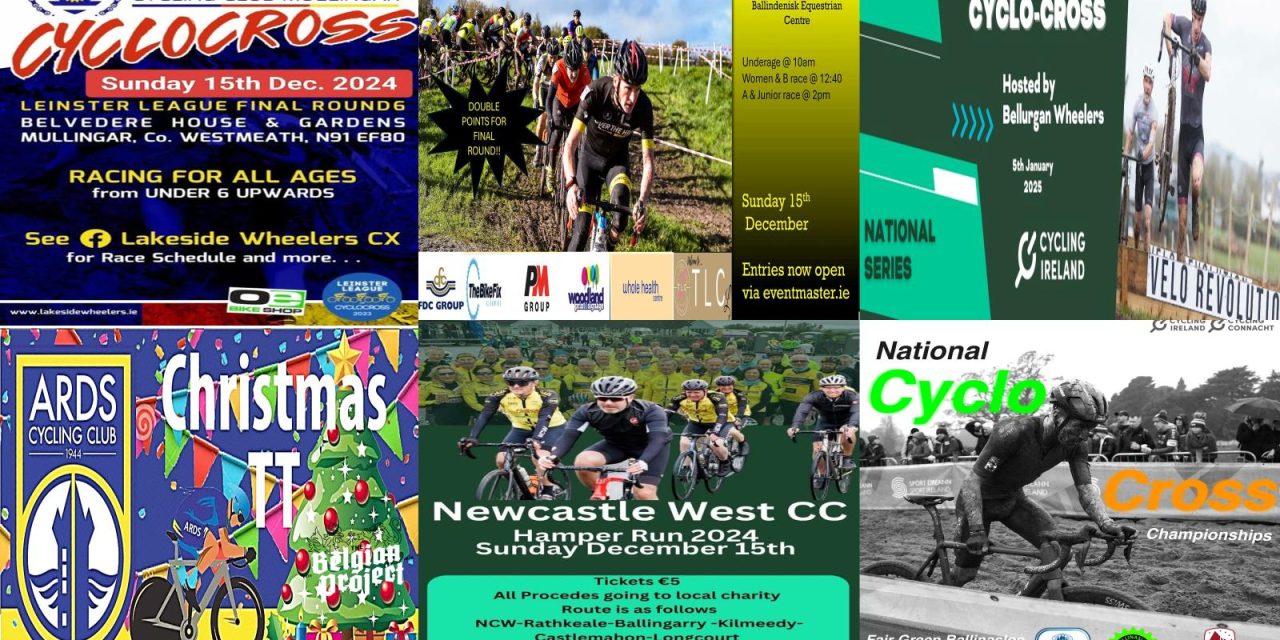 What’s left for 2024, and some dates in January on our parks, fields, and roads in Ireland? CX in Mullingar (West-Meath), Over the Hill CX in Munster, Charity sportive in Newcastle West, Christmas TT in Newtownards (Co-Down), National CX series at Mc Crystal’s Co-Louth, and some info of the CX Nationals in Ballinasloe (Co-Galway) in January 25!!