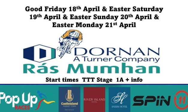 The provisional TTT start list of the teams & riders (Stage 1A) of the “International 2025 Dornan Ras Mumhan” 4 day stage race at Easter starting this Good Friday 18th April. 145 Elite and 24 juniors to start at the Killeentierna Community Centre in Currow (near Castleisland) It gonna be a cracker…Beidh sé ina scáinteoir!!