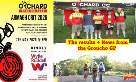 The Criterium season was set off in Armagh yesterday evening (Wed 7th May) with the “Wylie Ruddell Armagh Criterium” at the Marlacoo Lake Circuit near Portadown. Here the results courtesy of Orchard CC, and selected photos from the BP Media team + latest news of Saturday’s Groucho GP (C2-C3 separate races)