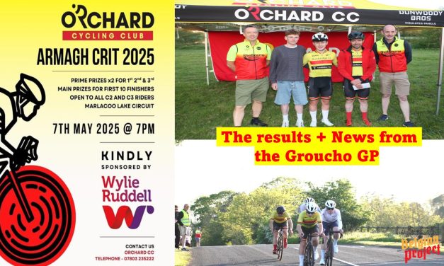 The Criterium season was set off in Armagh yesterday evening (Wed 7th May) with the “Wylie Ruddell Armagh Criterium” at the Marlacoo Lake Circuit near Portadown. Here the results courtesy of Orchard CC, and selected photos from the BP Media team + latest news of Saturday’s Groucho GP (C2-C3 separate races)