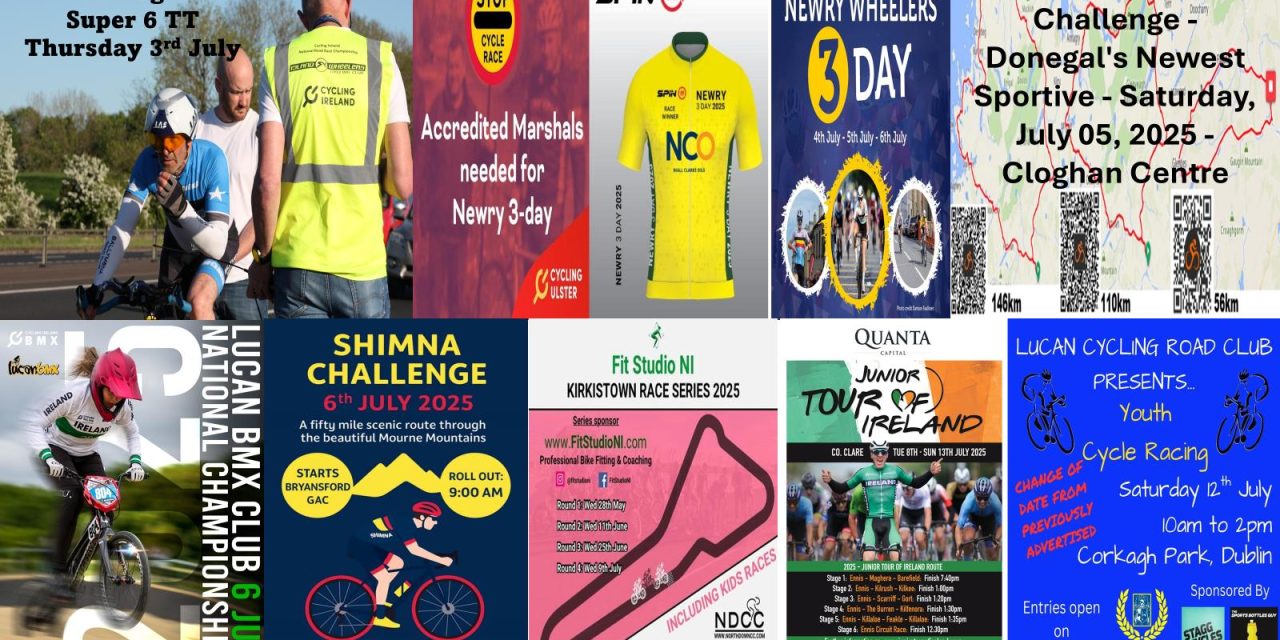 What’s on in the first half of July? TT in Ballymena, stage races in Newry, sportive’s in Donegal & Down, BMX in Lucan, circuit races in North Down, the International Junior Tour of Ireland in Co-Clare, and youth races in west Dublin!! You maybe don’t find your open event here, send your details and poster to danyblondeel@yahoo.co.uk to be included!! (at least 1 week prior to your event)